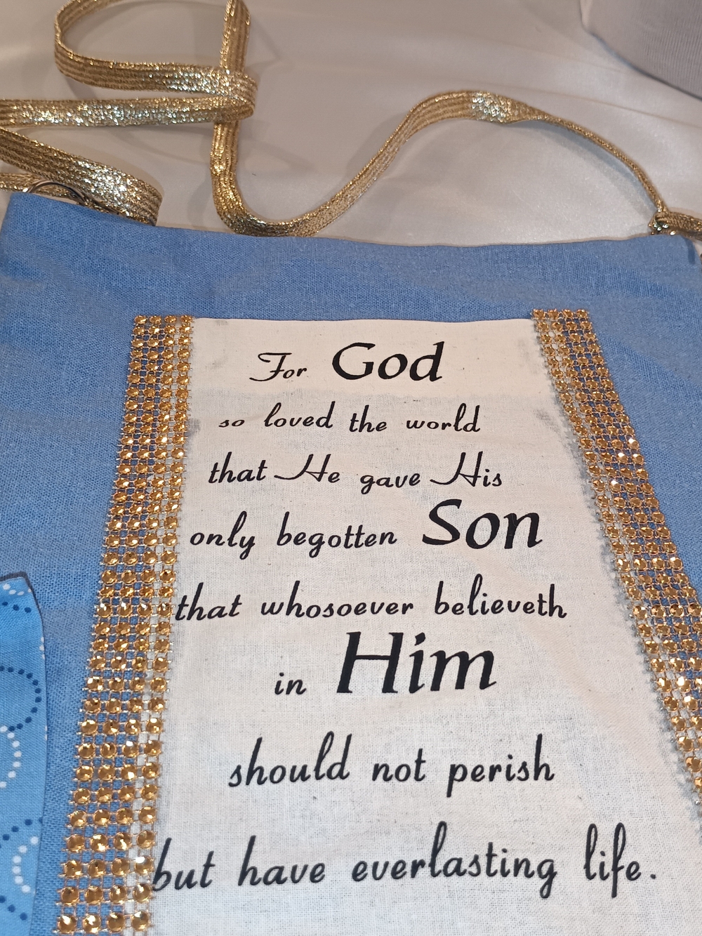 Religious Crossbody Bag with Gold Accents - Blue & White